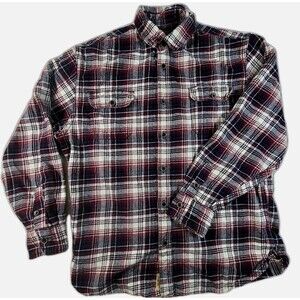 JACHS Flannel Shirt Large Red Blue Plaid Rustic Lumberjack Cabincore Cozy Grunge